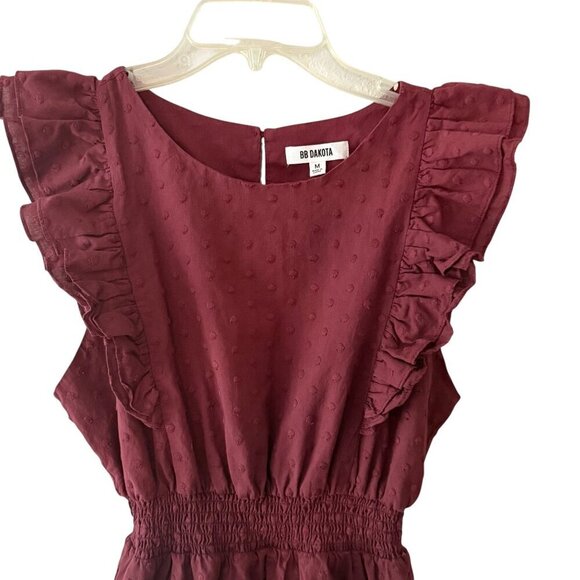 BB Dakota Burgundy Textured Ruffle Sleeve Dress W/ Smocked Waist & Keyhole Med - Picture 4 of 7